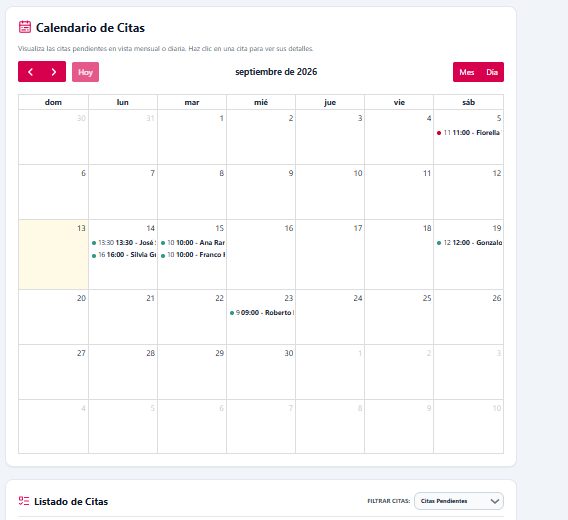 Pantalla real del calendario de citas del Sistema de Ópticas