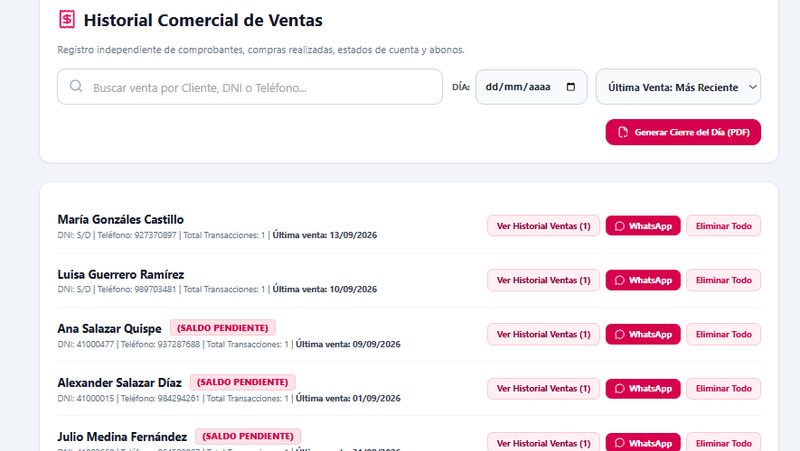 Pantalla real del historial comercial de ventas del Sistema de Ópticas