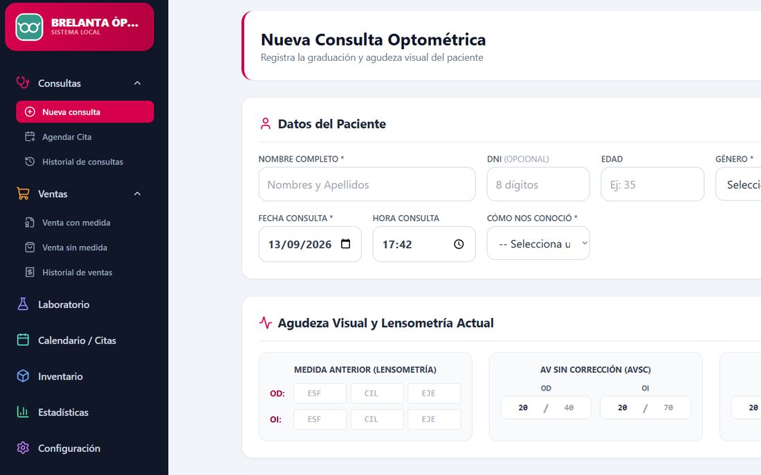 Pantalla de Nueva Consulta Optométrica del Sistema de Ópticas